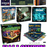 Collage of Halloween board games including Scream, Zombie Kittens, Taco Cat Goat Cheese Pizza, Ticket to Ride Ghost Train, Arkham Horror, The Haunted Mansion, Goosebumps, and Boooo-opoly.