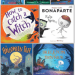 Collage of best Halloween books for preschoolers including Room on the Broom, Skeleton for Dinner, Bonaparte Falls Apart, and more colorful picture book covers.