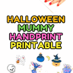 Mom helping child make a mummy handprint craft using purple paint and a Halloween-themed printable.