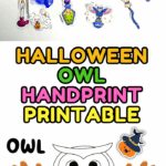 Owl handprint craft with orange painted handprints and Halloween-themed stickers.