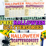 Free Halloween Scattergories printable game featuring themed boards labeled GHOST, TRICK, WITCH, and TREAT. Includes spooky category prompts.