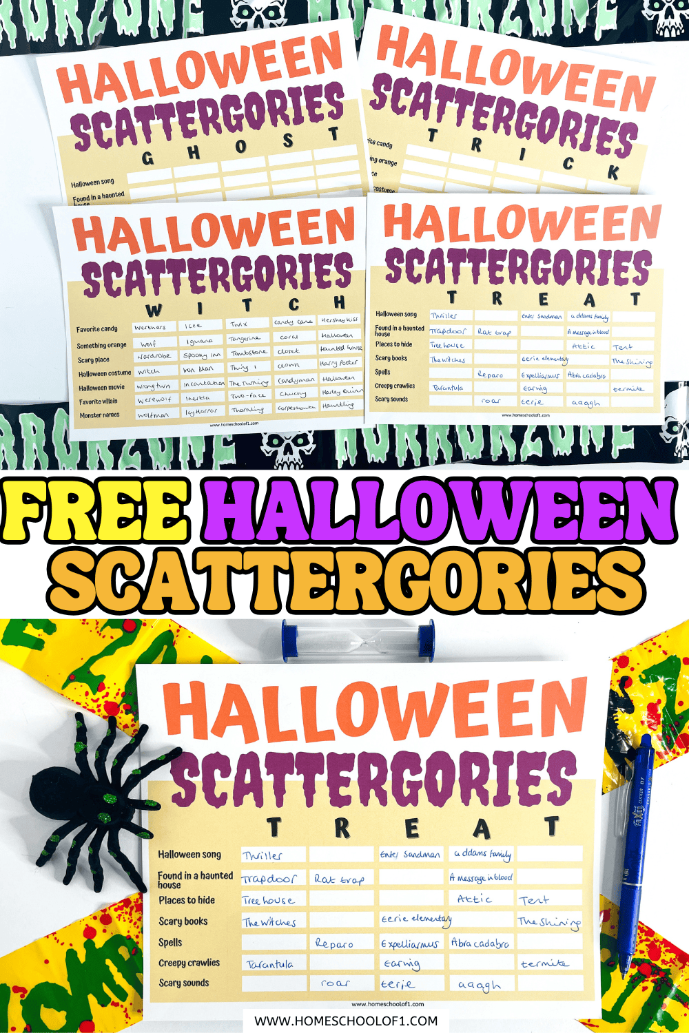 Free Halloween Scattergories printable game featuring themed boards labeled GHOST, TRICK, WITCH, and TREAT. Includes spooky category prompts.

