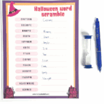 Free Halloween word scramble printable worksheet with 13 spooky scrambled words and handwritten answers, shown with pen and timer for a fun classroom or homeschool activity.
