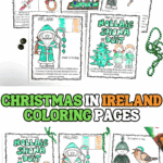 Christmas in Ireland coloring pages for kids featuring Daidi na Nollaig, Irish traditions, and festive symbols like candles and Christmas cake.