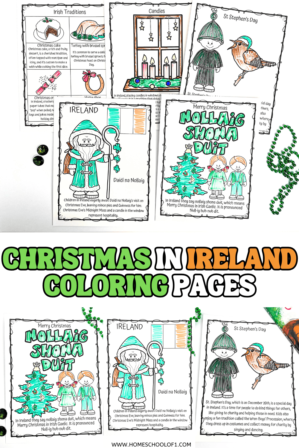 Christmas in Ireland coloring pages for kids featuring Daidi na Nollaig, Irish traditions, and festive symbols like candles and Christmas cake.

