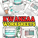 Printable Kwanzaa worksheets for kids featuring the Kinara, Unity Cup, and other cultural symbols, designed to teach the seven principles through coloring and matching activities.
