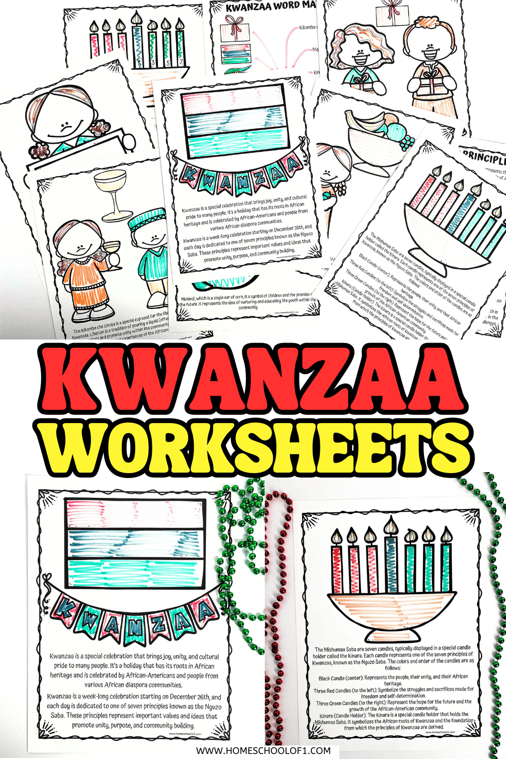 Printable Kwanzaa worksheets for kids featuring the Kinara, Unity Cup, and other cultural symbols, designed to teach the seven principles through coloring and matching activities.