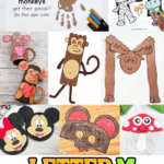 Letter M activities for preschoolers featuring monkey crafts, moose art, mouse mask, mushroom craft, and coloring pages.
