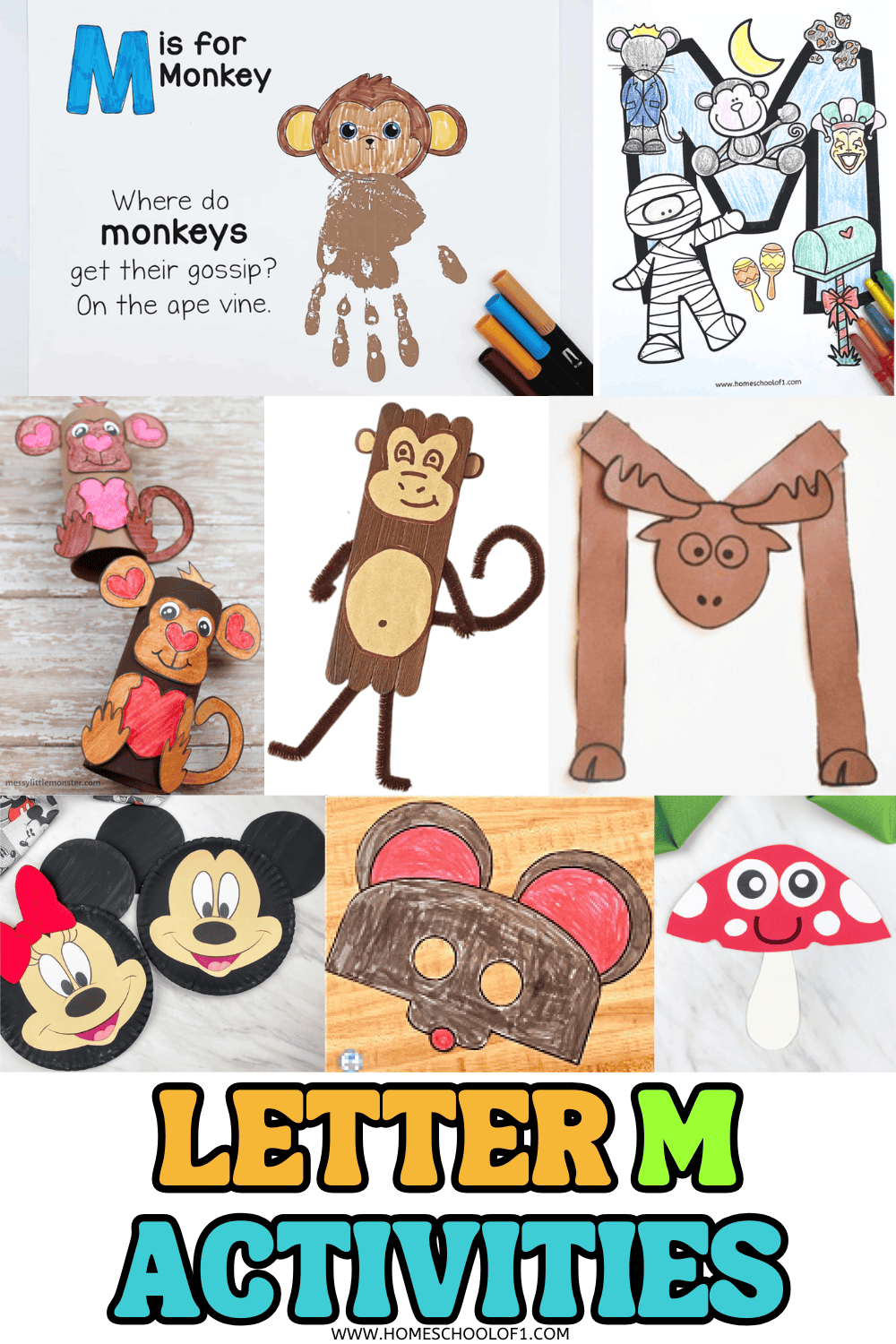 Letter M activities for preschoolers featuring monkey crafts, moose art, mouse mask, mushroom craft, and coloring pages.