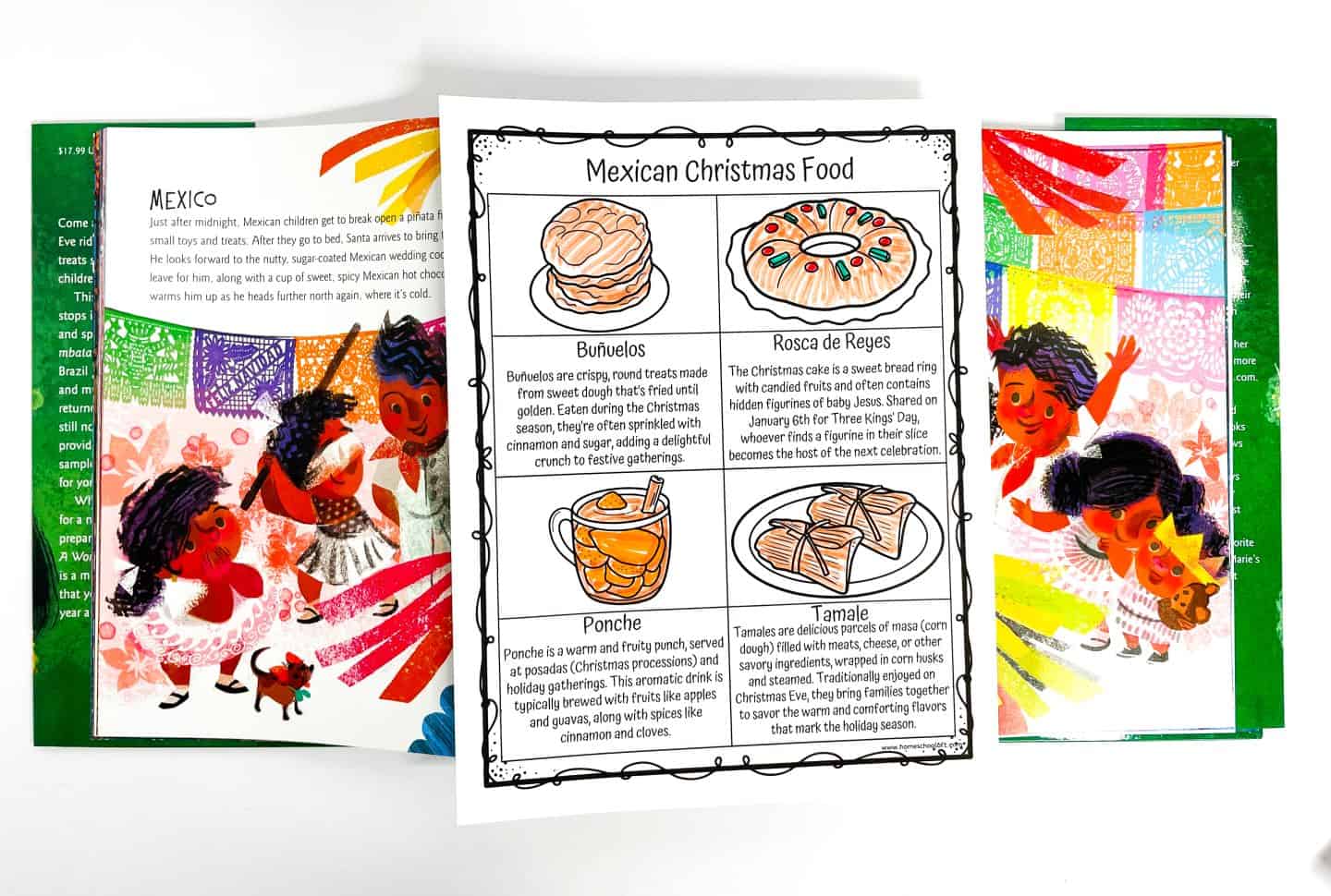 Illustrated worksheet titled “Mexican Christmas Food” featuring four traditional holiday items: Buñuelos, Rosca de Reyes, Ponche, and Tamale, each with a description and hand-colored drawing. In the background, an open children’s book shows festive scenes of Mexican holiday celebrations, including children playing under colorful papel picado decorations.







