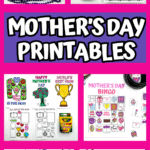 A vertical collage of printable Mother’s Day activities including word games (scramble and word search), scavenger hunts, bingo, and coloring sheets celebrating moms and grandmas. Includes crayons and festive bead decorations for a fun, crafty vibe.