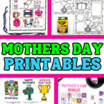 Bright and cheerful Mother's Day printables shown on a pink background, featuring activities like a scavenger hunt, “All About My Mom” questionnaire, bingo cards, and award-style coloring pages with trophies and flowers.