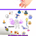 Child pressing painted hand onto a printable mummy handprint template with Halloween stickers.