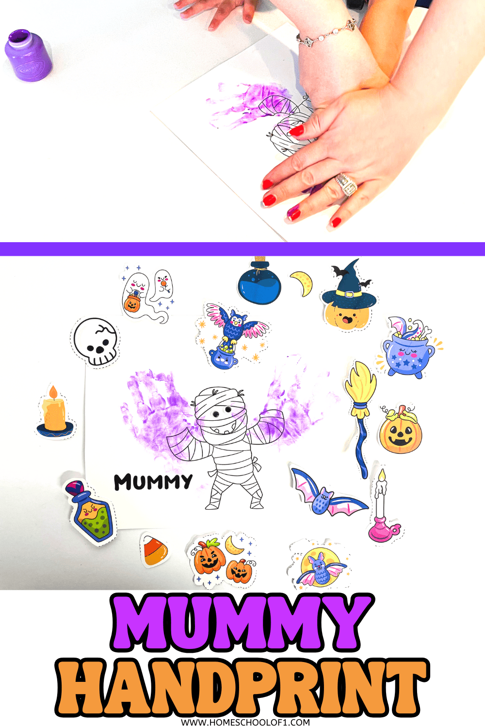 Child pressing painted hand onto a printable mummy handprint template with Halloween stickers.

