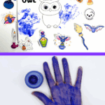 Child’s hand painted with blue washable paint for creating a Halloween owl handprint craft.
