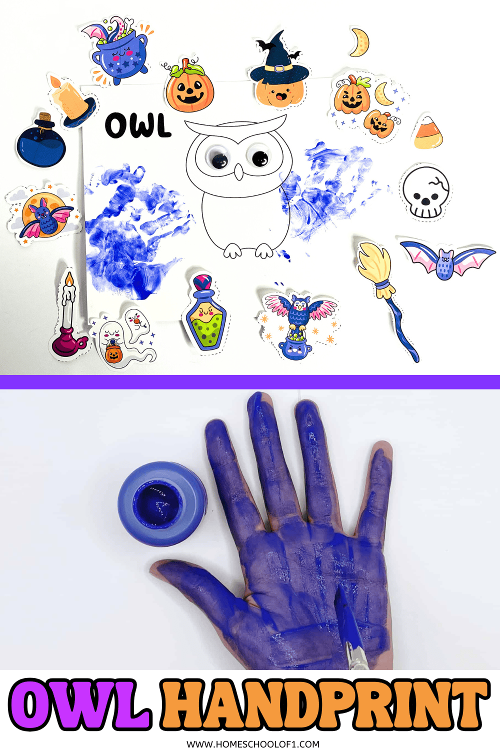 Child’s hand painted with blue washable paint for creating a Halloween owl handprint craft.

