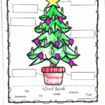 Colorful worksheet labeled "Label the Christmas Tree" featuring a decorated tree with blank labels and a word bank for kids.
