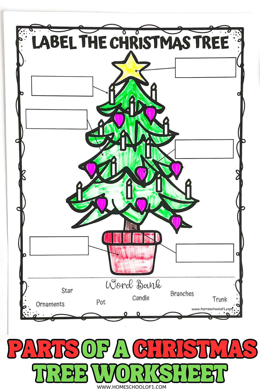 Colorful worksheet labeled "Label the Christmas Tree" featuring a decorated tree with blank labels and a word bank for kids.

