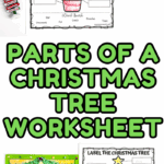Vertical collage with a labeled tree worksheet, candy cane, and book cover of The Littlest Christmas Tree as part of a printable activity set.