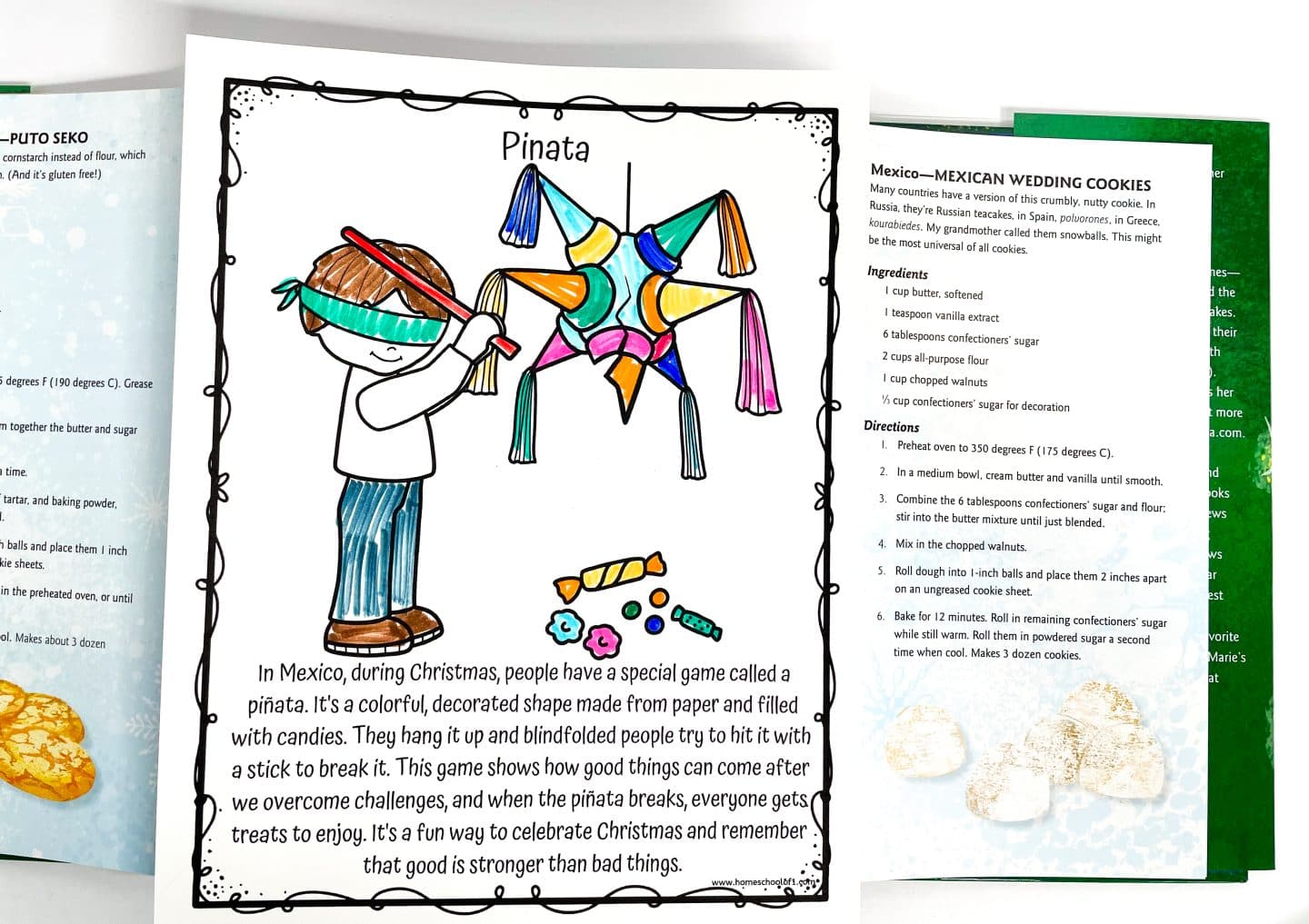 Illustrated worksheet titled “Piñata” showing a child blindfolded and swinging a stick at a colorful piñata, with scattered candies and treats below. The text explains the Christmas piñata tradition in Mexico as a symbolic and festive activity representing triumph over adversity. A cookbook page beside it displays a recipe for Mexican Wedding Cookies.








