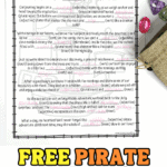 Printable pirate mad libs worksheet for kids with completed answers in pink ink, featuring a pirate-themed story and grammar blanks for nouns, verbs, and adjectives.
