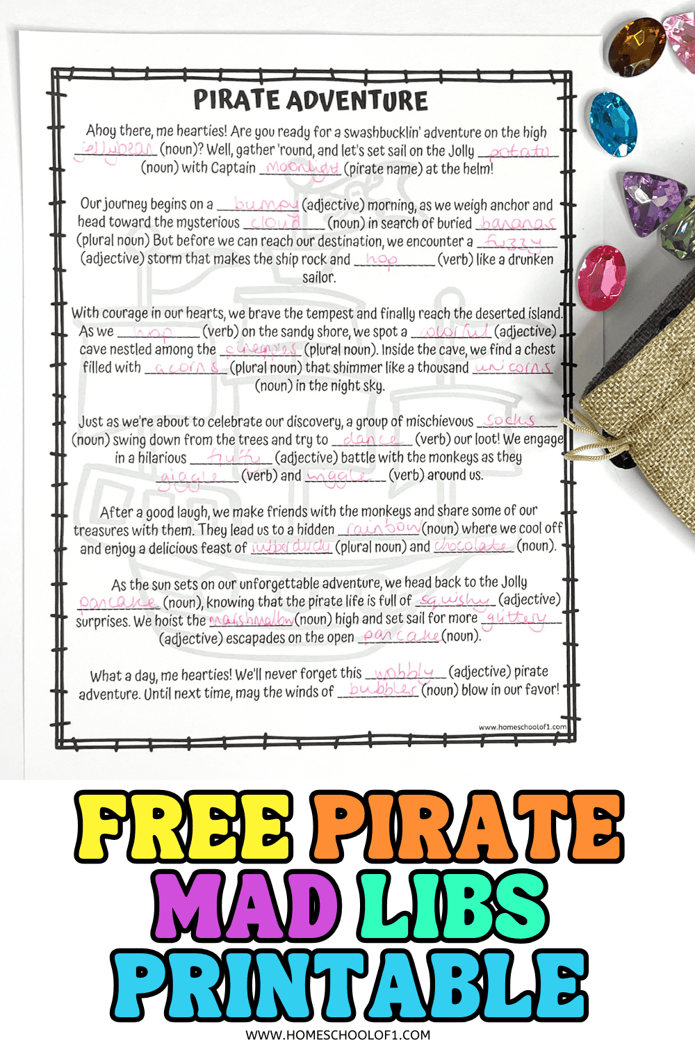 Printable pirate mad libs worksheet for kids with completed answers in pink ink, featuring a pirate-themed story and grammar blanks for nouns, verbs, and adjectives.

