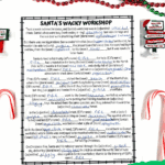 Filled-in Christmas Mad Libs printable titled "Santa's Wacky Workshop" with silly answers written in blue ink, surrounded by red and green beads and holiday candy canes.