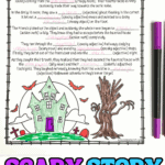 Completed spooky Mad Libs worksheet with a haunted house story, colored haunted house and spooky tree illustration.