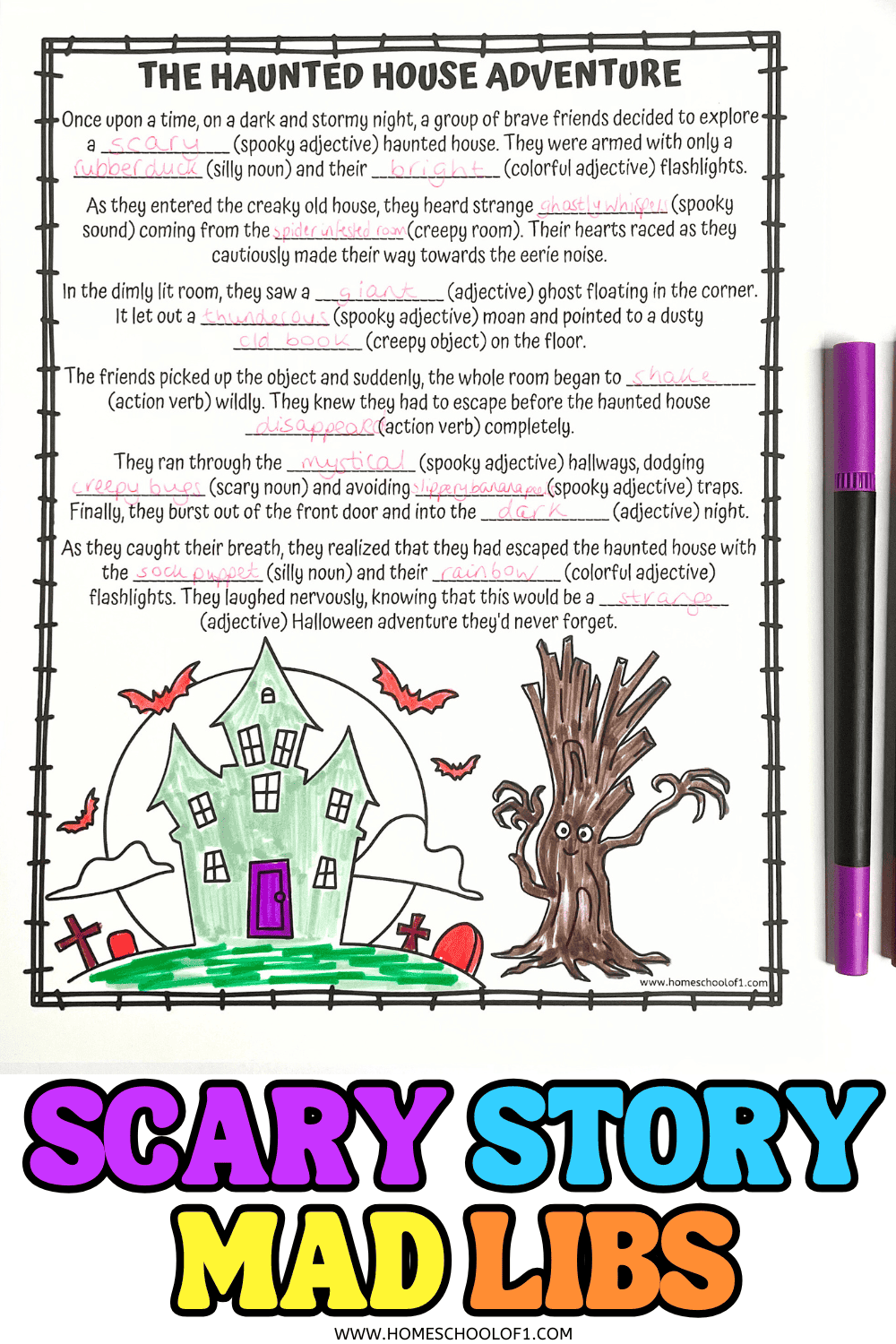 Completed spooky Mad Libs worksheet with a haunted house story, colored haunted house and spooky tree illustration.

