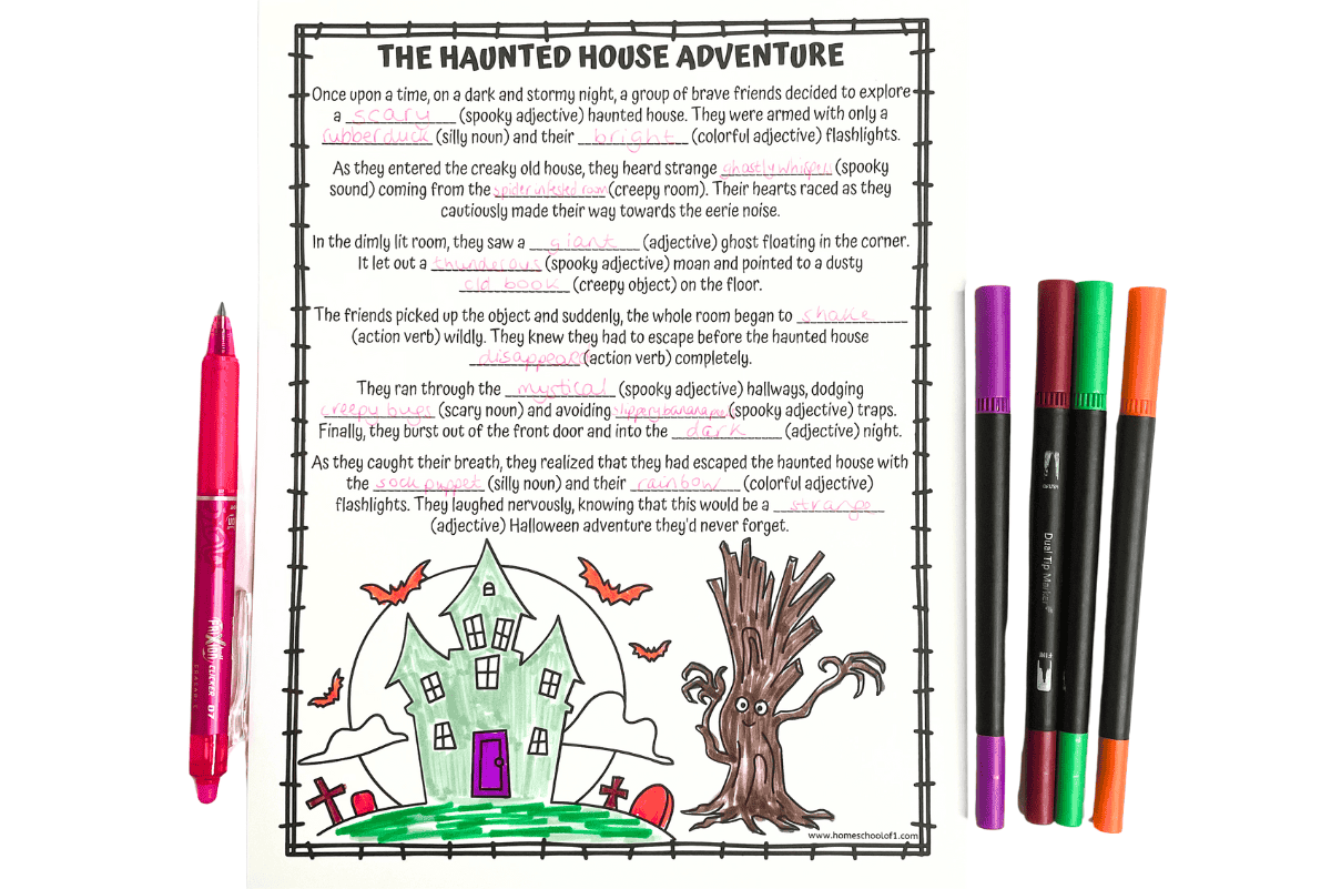 Spooky Mad Libs printable filled in with silly Halloween words, next to red, purple, green, and orange markers.