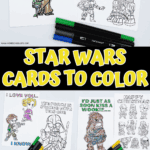 Printable Star Wars cards for kids to color with scenes and quotes from Han Solo, Yoda, Obi-Wan, Finn, Vader, and Leia