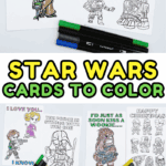 Free printable Star Wars birthday cards to color featuring Yoda, Chewbacca, Darth Vader, Leia, and more characters