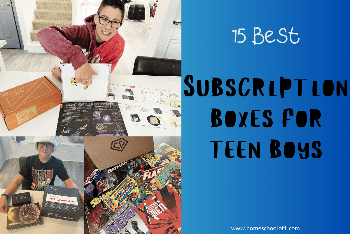 Collage image featuring a teen boy opening and enjoying various themed kits, including science experiments, comic books, and hands-on STEM projects. The right side of the image has a bold blue background with text that reads “15 Best Subscription Boxes for Teen Boys.” Perfect visual for highlighting engaging and educational subscription boxes for teenage boys.