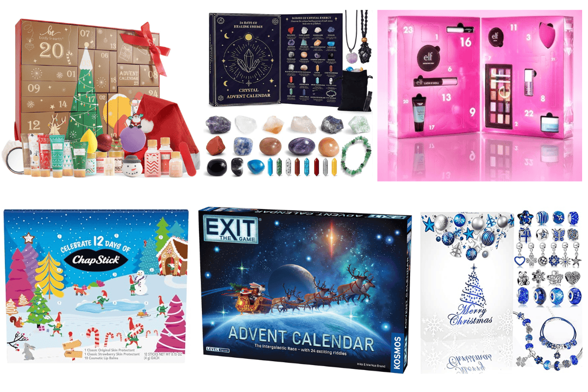 Collage of advent calendars for teen girls featuring beauty sets crystals puzzles lip balm jewelry and skincare kits.