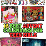 A colorful collage featuring 13 advent calendars for teen girls, including beauty kits, Pokémon collectibles, Harry Potter LEGO, DIY jewelry, socks, and puzzle-themed boxes.