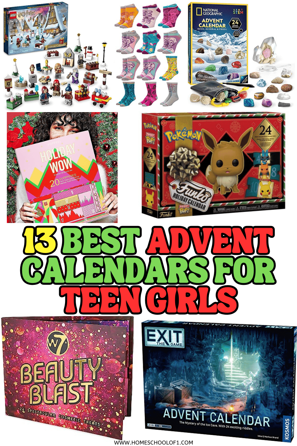 A colorful collage featuring 13 advent calendars for teen girls, including beauty kits, Pokémon collectibles, Harry Potter LEGO, DIY jewelry, socks, and puzzle-themed boxes.

