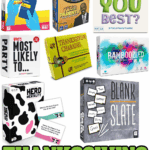 Collage of family-friendly Thanksgiving board games including Incohearent Family, Family Feud Kids vs Parents, Who Knows You Best?, Who’s Most Likely To, Thanksgiving Charades, Bamboozled, Herd Mentality, and Blank Slate