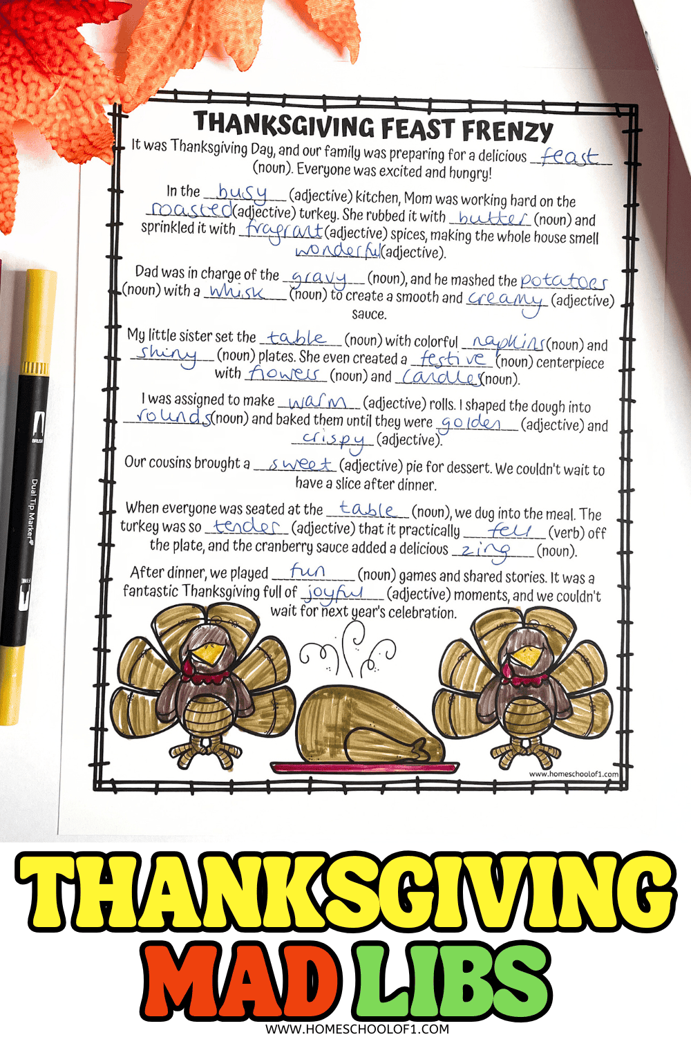 Thanksgiving Feast Frenzy Mad Libs printable worksheet filled in with silly Thanksgiving-themed words and hand-colored turkey illustrations.

