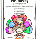 Mr. Turkey printable Thanksgiving poem with colored illustration for kids.
