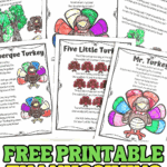 Six printable Thanksgiving poems for kids, each with illustrated turkeys and coloring areas.