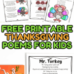 Six free printable Thanksgiving poems for kids with turkey-themed coloring pages.