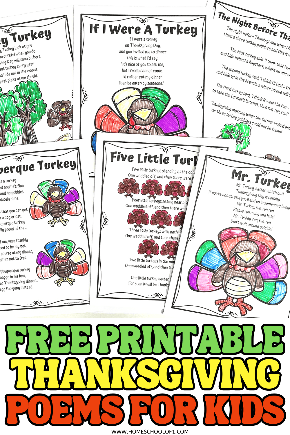 Six printable Thanksgiving poems for kids, each with illustrated turkeys and coloring areas.

