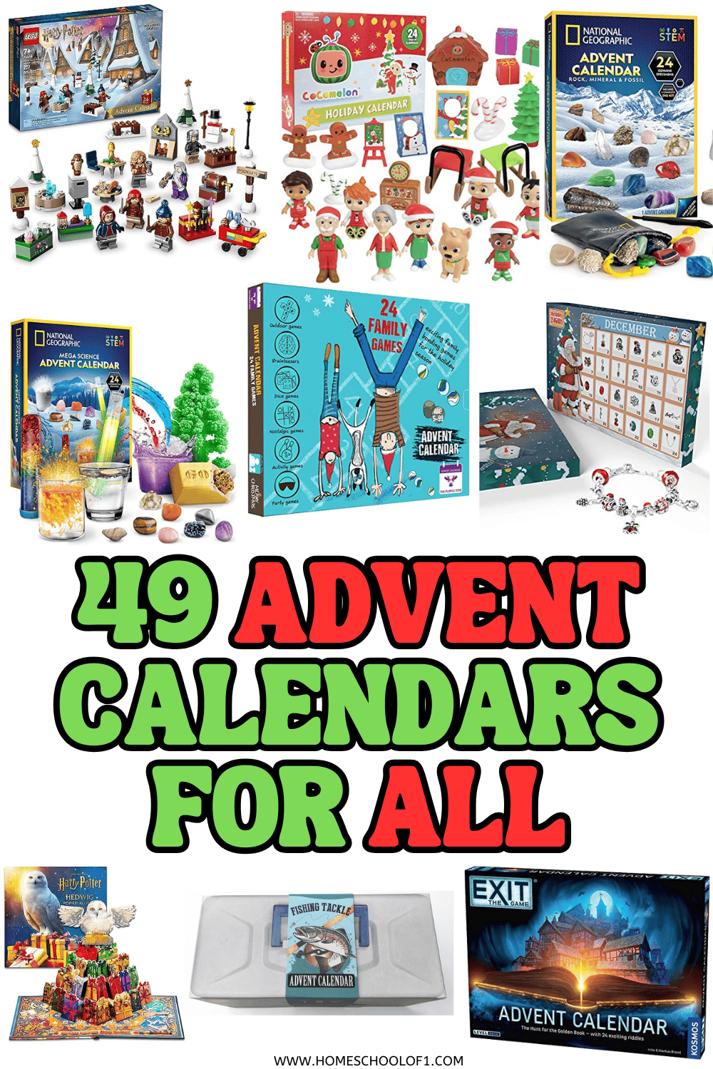 Collage of advent calendar products including LEGO, CoComelon, National Geographic, and family game sets with bold text reading “49 Advent Calendars For All.”


