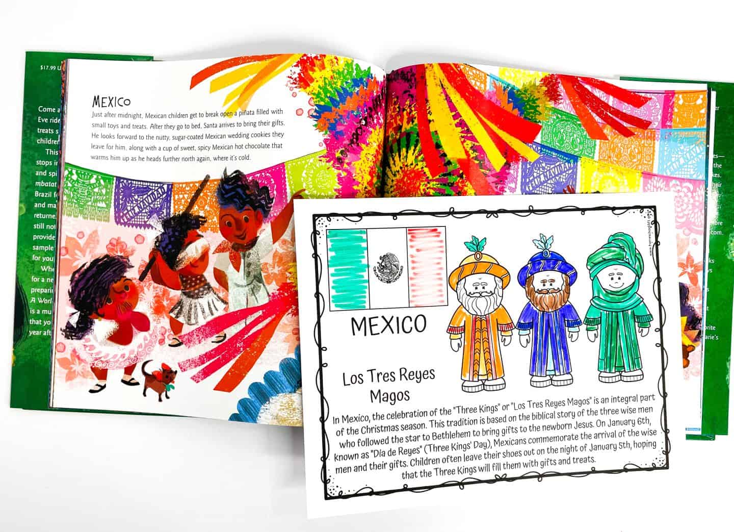 Colorful open book spread and a worksheet about Christmas traditions in Mexico. The book page features vibrant illustrations of children breaking a piñata under papel picado banners. The worksheet highlights "Los Tres Reyes Magos" (Three Kings), with a hand-colored Mexican flag and cartoon-style drawings of the kings in festive robes.







