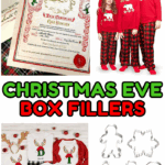 Colorful visual of Christmas Eve box filler ideas like nice list certificates, matching pajamas, Santa slippers, puzzles, and festive books.