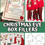 Vertical collage of Christmas Eve box filler ideas for kids including cookie cutters, monogrammed shirts, books, and themed slippers.
