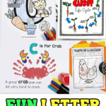 Preschool letter C activities including coloring pages, crab handprint craft, carrot life cycle, and chicken worksheet
