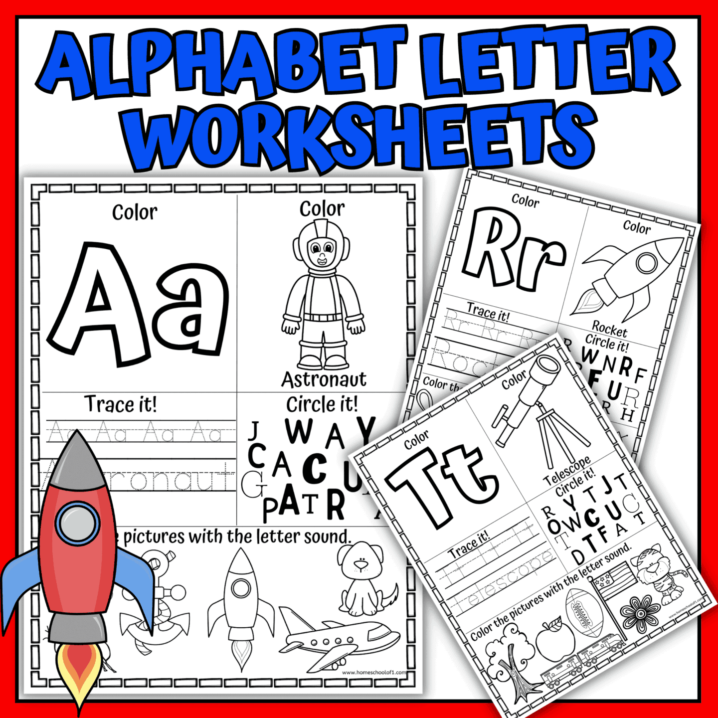 Printable alphabet letter worksheets with coloring, tracing, and letter recognition activities featuring rockets and astronauts.