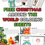 Set of free Christmas Around the World coloring sheets for kids featuring international Santas, flags, and simple cultural facts.