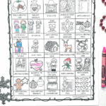 Printable Christmas bucket list for kids featuring 25 festive activities like baking, crafting, and coloring, partially colored with Crayola crayon.